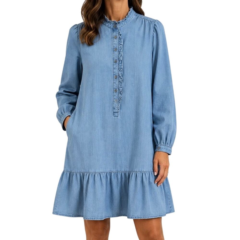 Ann Taylor LOFT Sz Large Denim Chambray Long Sleeve Ruffle Dress Fall Autumn